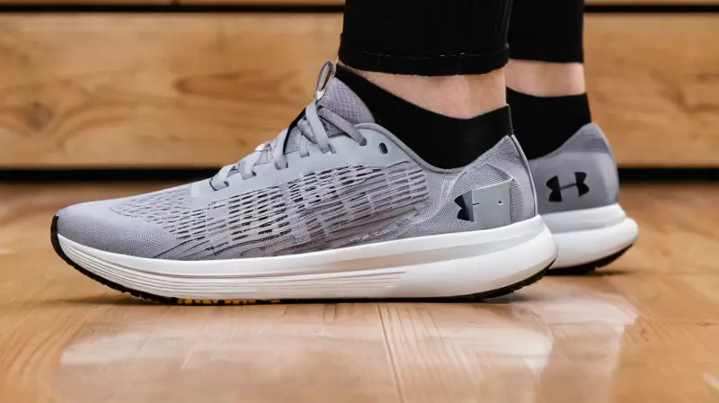 La imagen del Under Armour Velociti Elite 3 muestra un detalle del pie con una textura de lana plateada y grises, que tiene una apariencia levemente desgastada