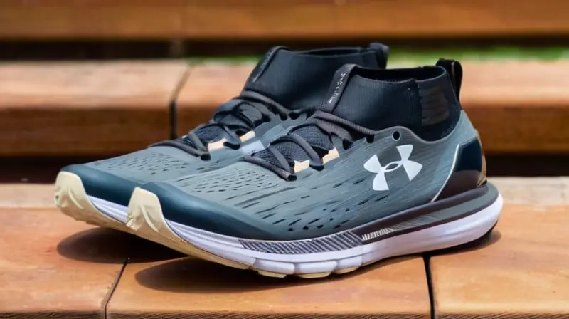 La foto muestra los zapatos Under Armour con un tono claro en una sucesión natural de colores con fondo del paisaje