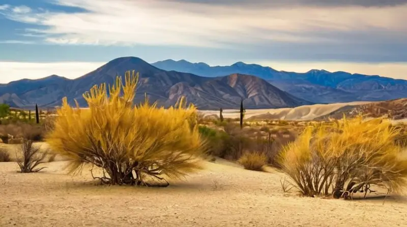 El desierto de Tabernas es un vasto paisaje árido con terreno seco y rocas, sombreado por árboles esqueléticos e iluminado por un cielo azul con nubes blancas