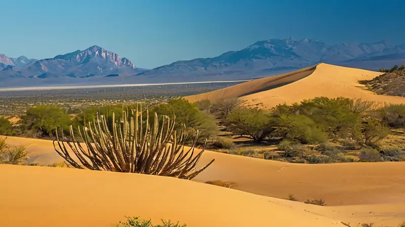 Un vasto paisaje se extiende al infinito con cactos árabes y montañas que desaparecen en la bruma