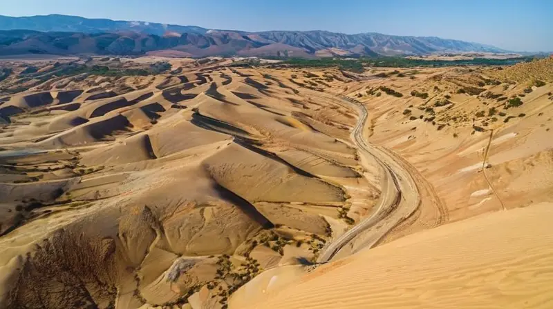 El desierto de Tabernas en España se extiende bajo un cielo azul radiante con dunas de arena y rocas que contrastan con la soledad del paisaje árido