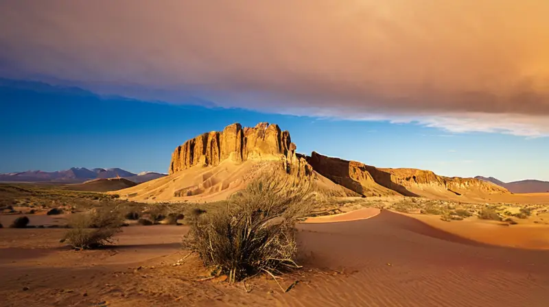 La tierra seca y arida se extiende sin límites hasta el horizonte con rocas y arbustos esbeltos y derrumbes de arena en un paisaje desértico