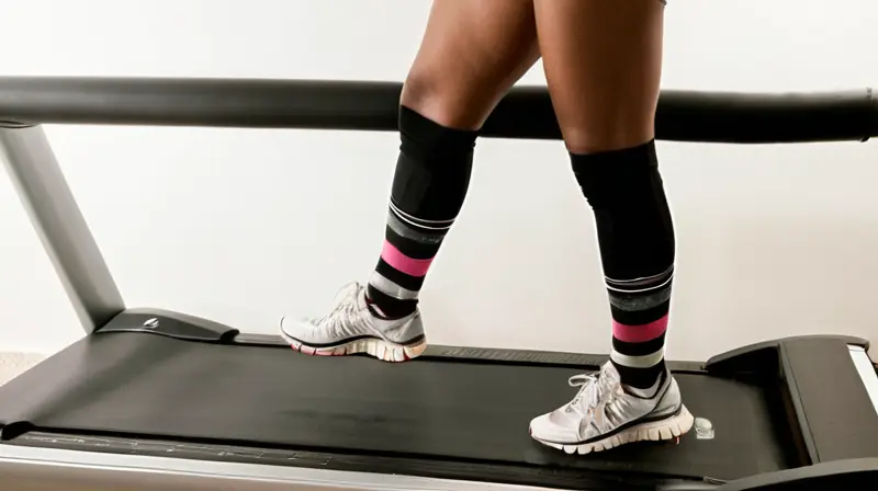 Un corredor equilibra sobre un solo pie en una cinta de correr mientras mantiene firme el handlebar con el otro pie doblado hacia su pecho