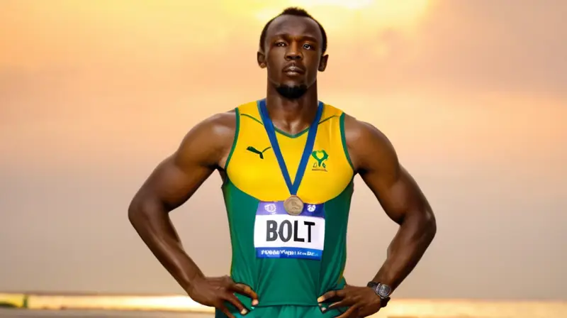 Usain Bolt, destacando por sus músculos definidos y su expresión determinada, se enfrenta a una carrera con un atuendo nacional de seda y detalles intrincados