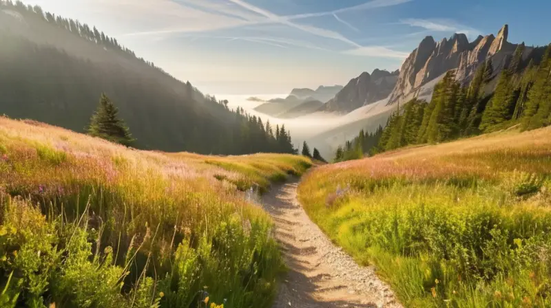 La valle se presenta como un paisaje impresionante con montañas verdes y pistas de tierra rodeando un suelo verde llano bajo un cielo azul claro