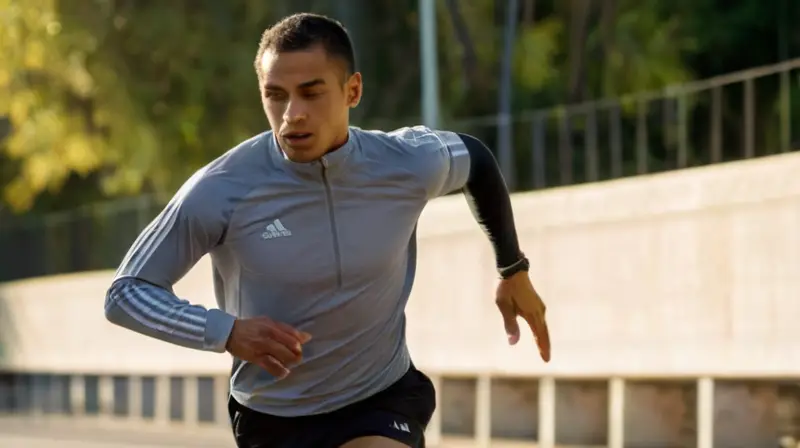 Vanderlei Cordeiro viste una indumentaria de Adidas para la carrera de maratón bajo un medallón olímpico desgastado y rodeado por otros atletas en movimiento