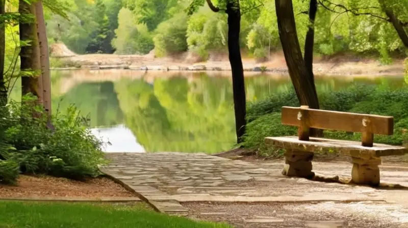 Un puente de hierro oxidado cruza tranquilo un lago turquesa rodeado de colinas con bosquecillos y caminos empedrados