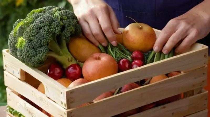 Una mujer sostiene un cajón de madera cubierto de frutas y verduras frescas bañadas por la luz del sol