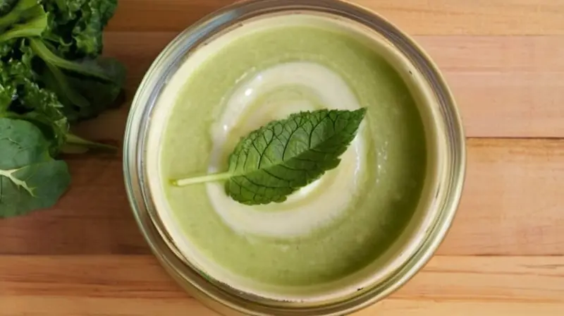 La fotografía muestra un ambiente doméstico tranquilo con un desayuno saludable: yogur griego, pepino crudo y lechuga fresca, rodeados de una simple decoración natural