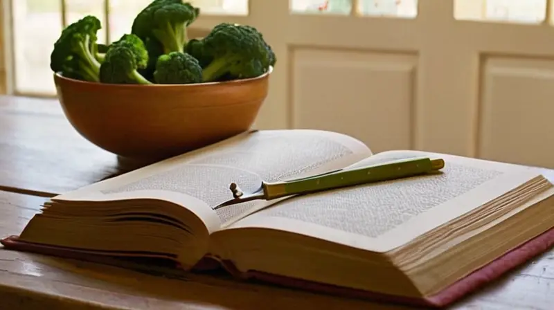 Una mesa de madera clásica con un libro viejo y una taza de té contrastan con el verde de la broculi fresca sobre un fondo luminoso con texturas y sombras naturales