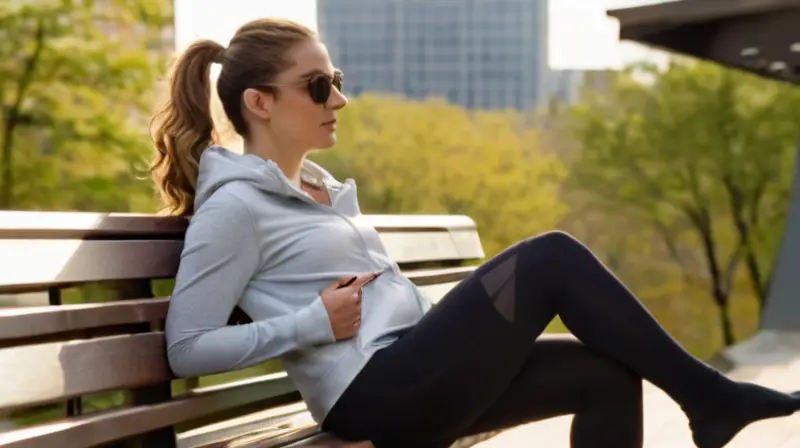 Una mujer joven con ropa deportiva se sienta en una bancada con vista a la ciudad