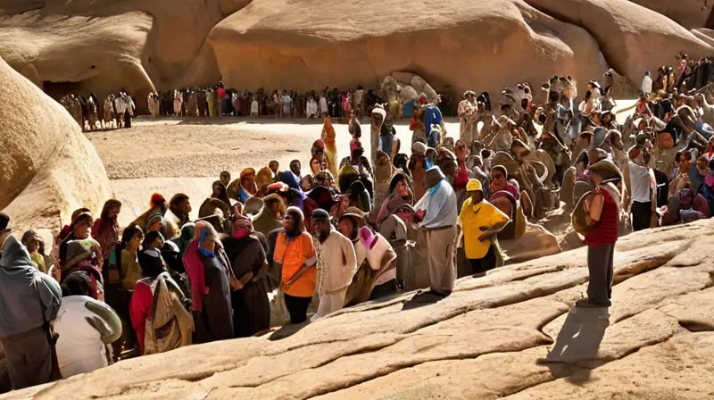 Una multitud diversa se reúne en un paisaje desértico con relieve y texturas variadas bajo intenso sol