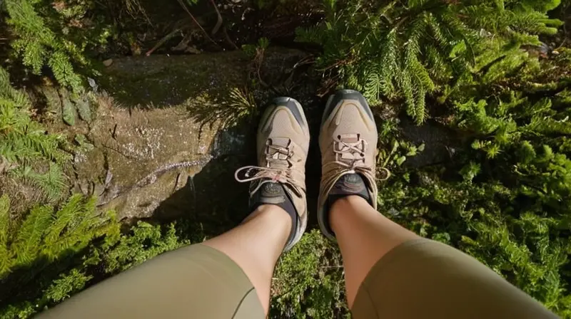 Un trail runner sostiene y admira sus zapatos de senderismo impermeables, XT6 Goretex, bajo la luz difusa del sol