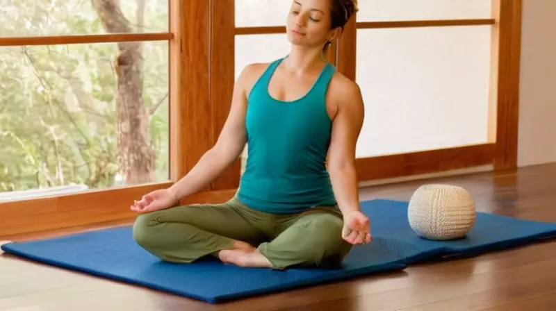 Una habitación tranquila y serena con piso de madera y cortinas blancas ilumina al practicante de yoga en una posición relajada