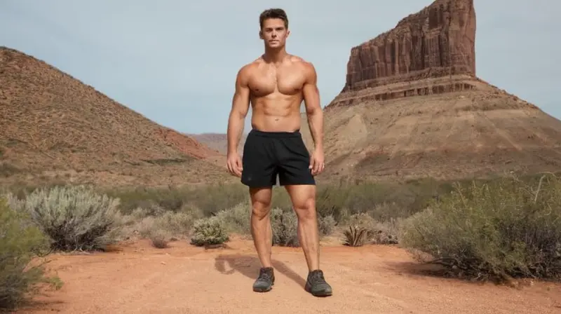 Un atleta musculoso y magro con un rostro áspero camina en un paisaje de rocas secas y arbustos esqueléticos bajo un cielo nublado