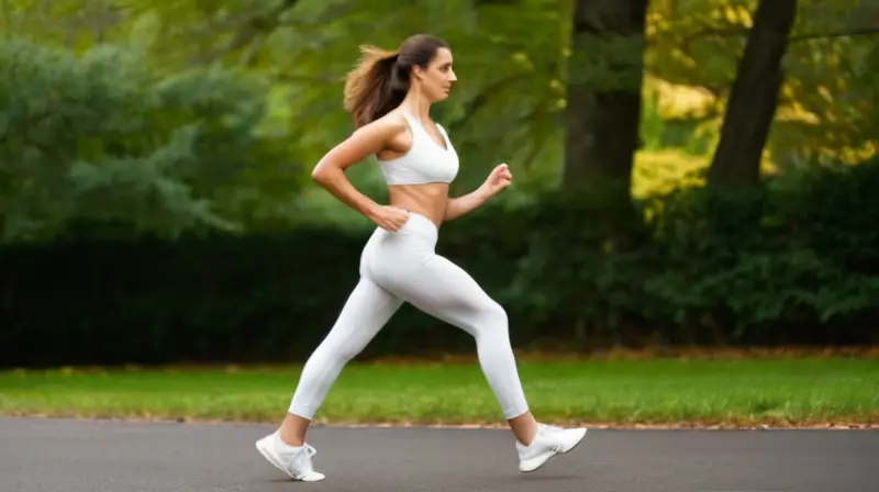 Una joven mujer corriendo con determinación bajo un sol cálido a lo lejos