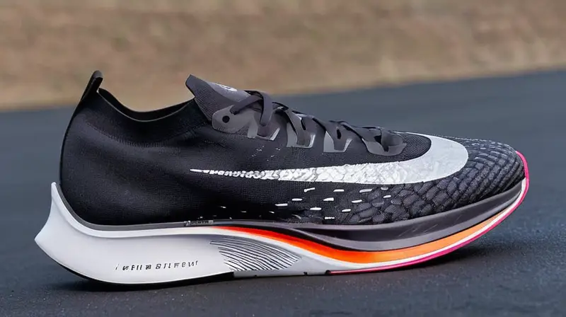 Los zapatos de corredor Vaporfly Alphafly y Tempo Next se exhiben en una plataforma con detalles detallados que simulan su uso intensivo