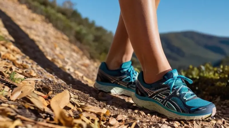 Unarunnera con una camiseta y leggings técnicos corre por un sendero de montaña iluminada por el sol