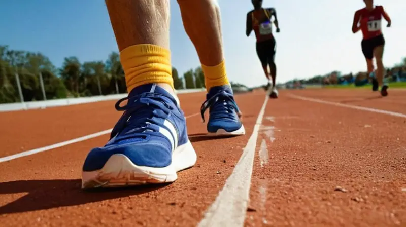 Un corredor con un traje desgastado y zapatos de cuero blanco corre por la pista de atletismo bajo el sol de medio día