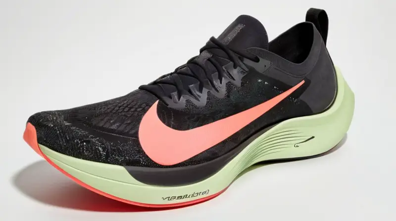 Un par de zapatos Nike Vaporfly Next% descansa en una pista deportiva con un fondo gris claro, rodeado por muestras de su edad y uso