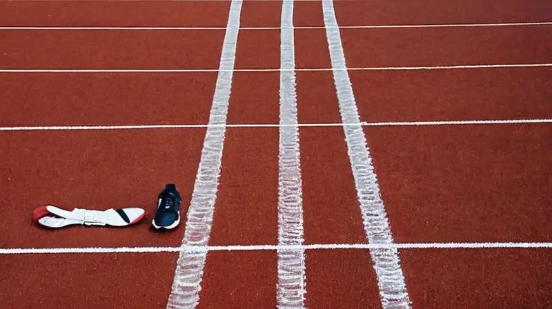 La pista de atletismo está cubierta con marcas a intervalos regulares de 100 metros