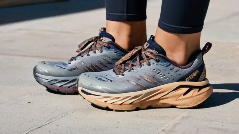 Dos zapatos de running Bondi 7 están colocados en un pavimento gris, con marcas y rayones de uso, sombreados por la luz del amanecer