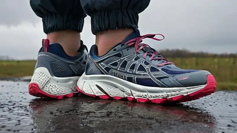 Las zapatas de correr destacan por su diseño y materiales resistentes al agua bajo la luz del sol en un cielo gris