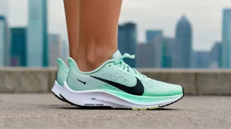 Una mujer joven viste una pista de atletismo con pies apuntando hacia abajo y los Nike Air Zoom Pegasus 38 bien ajustados sobre el asfalto gris