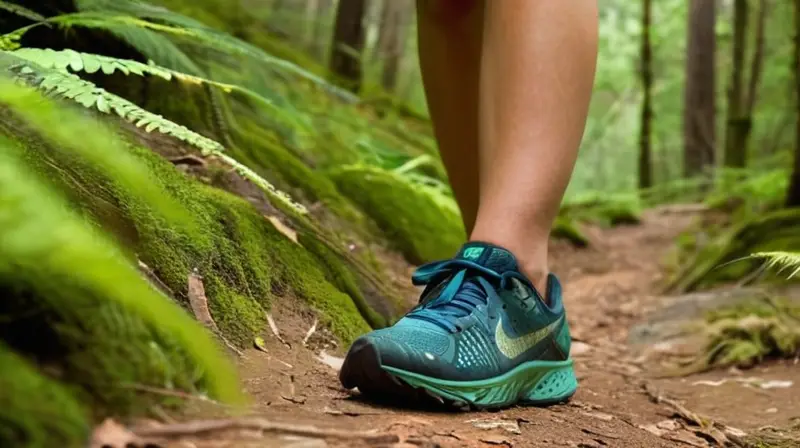 Un trail runner recorre un camino de montaña bajo un paisaje neblinoso con senderismo y zapatos deportivos minimalistas